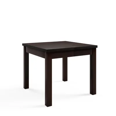 A square, dark brown dining table is shown against a white background.