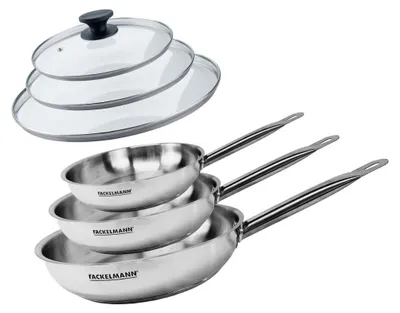 Image de Set de 3 poêles 20 24 et 28 cm en inox et 3 couvercles en verre Fackelmann Eterna