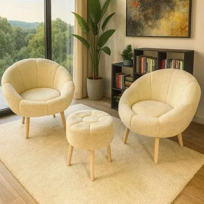 Image de Hanah Home, ensemble de fauteuil à oreilles et pouf de haute qualité (3 pièces) - Crème | 100% mélaminé