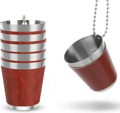 Obrázek produktu pro Kovové závěsné skleničky – 6 ks – 30 ml – hnědé skleničky s řetízkem – na svatby, rozlučky se svobodou, karneval