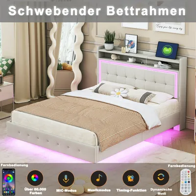 Produktbild von okwish Polsterbett 140×200 mit LED-Beleuchtung und USB, Doppelbett mit Kopfteil und offenen Fächern,Jugendbett in Beige,Ohne Matratze