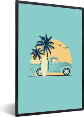 Produktbild von MuchoWow® MuchoWow® Gerahmtes Poster Auto - Sonne - Surfbrett - Palme 60x90 cm - Poster mit zchwarzem Bilderrahmen - Kunst