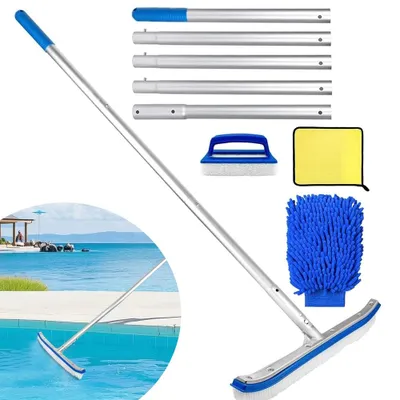 Image de Brosse pour piscine - Brosse de nettoyage pour les parois et le fond de la piscine - Adaptée aux carrelages et aux sols - Dos en aluminium - Manche en acier inoxydable réglable