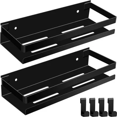 Immagine prodotto di Set di 2 mensole da doccia Unyqoos® nere – acciaio inossidabile (SUS304), 30 x 11 x 6 cm, resistente alla ruggine, mensole a parete senza foratura, con 4 ganci mobili