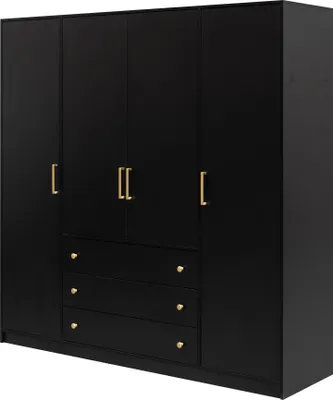 A black wardrobe with gold handles and drawers against a white background.