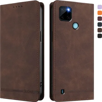 Image de Étui pour Realme C21Y, étui rétro en cuirPolyuréthaneavec support et fentes pour cartes Marron