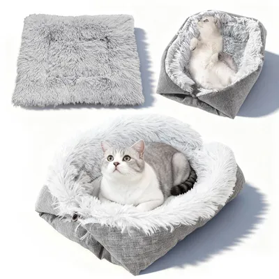 Productafbeelding van Famanu – Kattenbed en kattendeken, 52 x 60 cm, grijs, 2-in-1 pluche kattenkussen, wasbaar en geschikt voor kleine honden