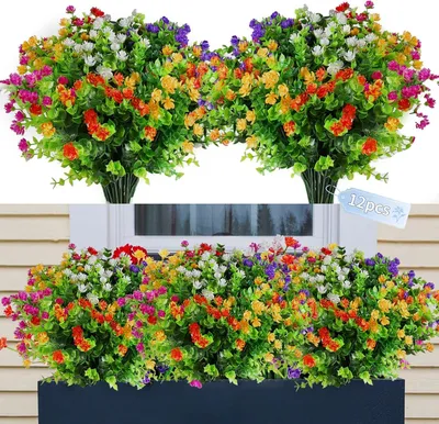 Produktbild von 12 Stück Kunstblumen Draußen, Künstliche Blumen wie echt, Künstliche Pflanzen Blumen Wetterfest, Fake Blumen, Deko Plastik Blumen für Balkon Garten Balkonkasten Außen Innen 6 Farben