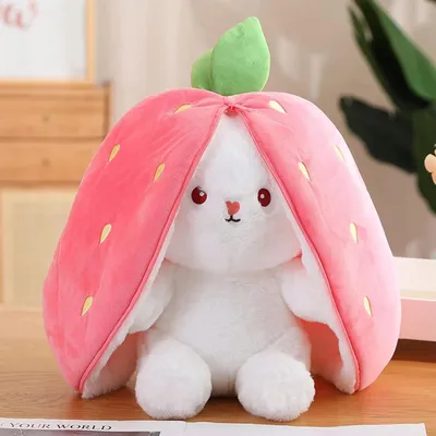 Image de Lapin à cacher, Peluche, 25CM Lapin farci avec carottes et fraises, Doudou lapin, Poupée lapin, Peluche lapin, Cadeau d'anniversaire rose