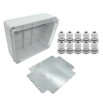 Produktbild von ARLI SET: Abzweigdose IP67 Sichttür Aufputz 310 x 230 x 130 mm inkl. Montageplatte + 10x Kabelverschraubungen M16 x 1,5 mm