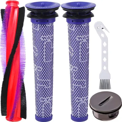 A set of vacuum cleaner replacement parts, including a brush roll, two filters, a cleaning brush, and a cap.