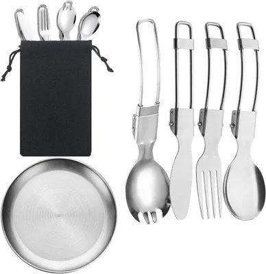 Image de Set de couverts de camping en acier inoxydable - 6 pièces - Idéal pour les voyages - Pique-nique - Lavable au lave-vaisselle