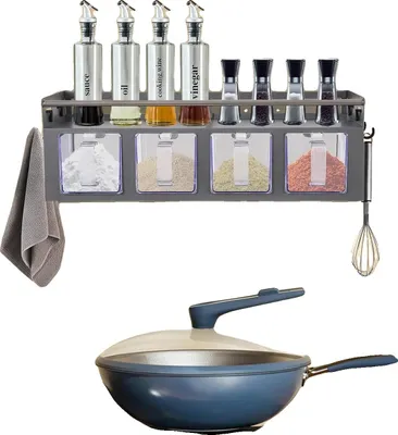 Image de Étagère à épices, fixation murale, avec boîtes à épices et crochets, GRIS