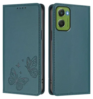 Produktbild von Lederhülle für Motorola Moto G06, Schmetterling Prägung Leder Brieftasche Schutzhülle mit Ständer Grün