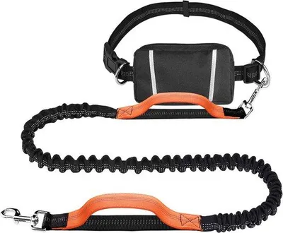 Produktbild von Unyqoos® Bungee-Hundeleine fürs Joggen – verstellbarer Handsfree-Laufgürtel 130–193 cm, stoßdämpfend bis 68 kg, doppelte Griffe, reflektierend, schwarz/orange