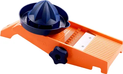 A kitchen utensil, specifically a vegetable slicer with an integrated citrus juicer, is displayed against a white background.