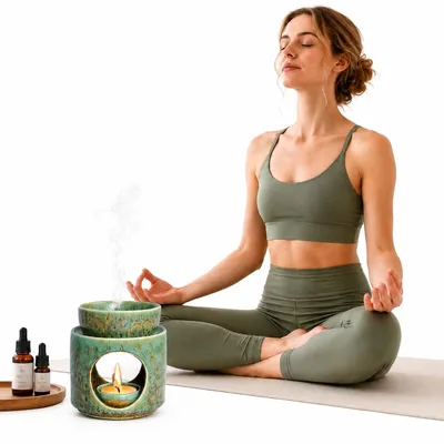 Produktbild von Duftlampe Keramik Dunkelgrün, Teelicht Aromalampe für ätherische Öle, Ölverdampfer mit abnehmbarem Design, Deko für Yoga Wohnzimmer Schlafzimmer