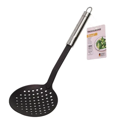 Zdjęcie produktu dla Fackelmann łyżka do odsączania 33 cm OVALGRIFF, łyżka do odsączania do powlekanych patelni i garnków, przybory kuchenne wykonane z wysokiej jakości stali nierdzewnej i tworzywa sztucznego (kolor: srebrny/czarny)