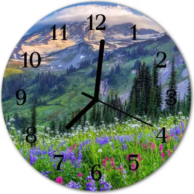 Produktbild von Glasuhr Wanduhr Küchenuhr Echt-Glas 30fi cm Wiese Berg grün