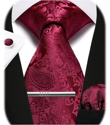 Image de Ensemble de cravates pour hommes comprenant une cravate, un mouchoir de poche, une pince à cravate et des boutons de manchettes, de couleur rouge, ensemble de 5 pièces