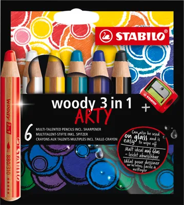 Produktbild von Buntstift, Wasserfarbe & Wachsmalkreide - STABILO woody 3 in 1 - ARTY - 6er Pack - mit 6 verschiedenen Farben und Spitzer