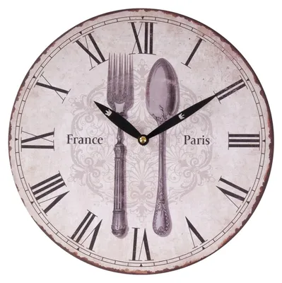 Image de Horloge murale intemporelle Ø29cm style campagnard Shabby Vintage Antique Horloge de cuisine en bois Décoration, Motif:Fourchette Cuillère