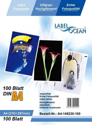 Produktbild von 100 Blatt A4 230g/qm LabelOcean Premium Fotopapier Highglossy hochglänzend