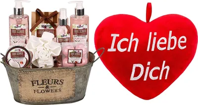 Produktbild von BRUBAKER 12-teiliges Geschenkset - Bade- und Dusch Set Kokosnuss & Erdbeer Duft mit einem Ich Liebe Dich Herz