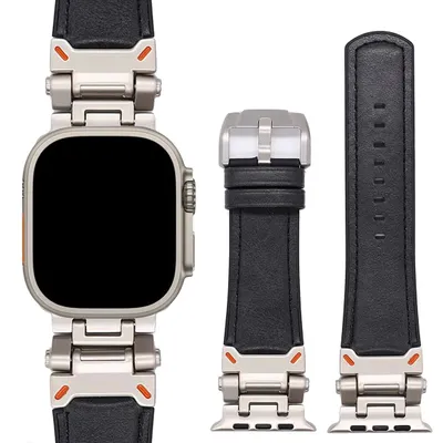 Produktbild von FFO2World Echtleder-Uhrenarmband für Apple Watch 46/45/44/42 mm & 49 mm Ultra – Robustes Lederarmband mit Edelstahlschließe – Schwarz