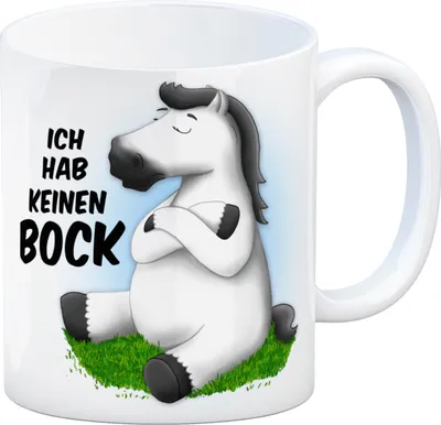 Produktbild von Kaffeebecher mit weißes Pferd Motiv und Spruch: Ich hab keinen Bock Kaffeetasse