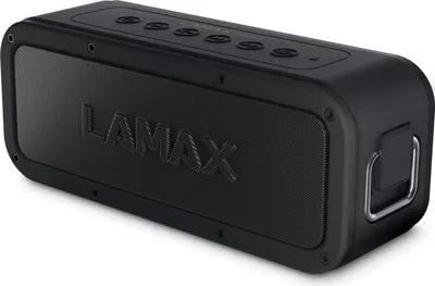 A black LAMAX Storm1 speaker is shown from a slight angle against a white background.