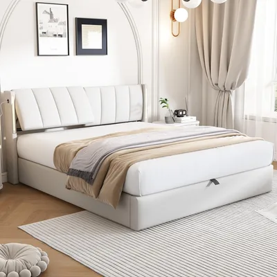 Obrázek produktu pro MODFU čalouněné postele 140×190 cm s hydraulickým úložným prostorem, dvoulůžko s nastavitelnou opěrkou hlavy, postel pro mládež s LED osvětlením a USB nabíjecím portem, bez matrace, bílá barva