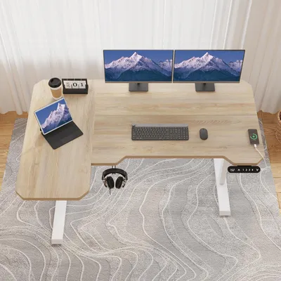 Produktbild von Hilodesk 150cm l förmiger elektrisch höhenverstellbar eckschreibtisch tisch stehpult bürotische , Mit Steckdose&Mit Schnellladung,  Mauspad