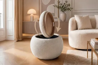 Produktbild von riess-ambiente Runder Couchtisch ORBIT 50cm beige Bouclé 2-in-1 Hocker mit Tablett und Stauraum