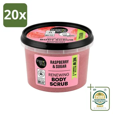 Imagen del producto de 20 exfoliantes corporales orgánicos con aroma a frambuesa y azúcar - 250 ml - Paquete de 20 unidades