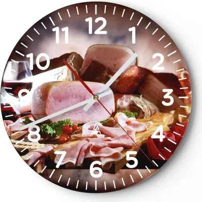 Produktbild von Wanduhr - Rund - Glasuhr - Essen Essen Wurst Kräuter - 30x30cm - Schleichendes Uhrwerk - Lautlos - zum Aufhängen bereit - Dekoration Modern - Wanddekoration aus Glas - C4AR30x30-2568