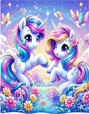Two cartoon unicorns in a magical meadow with flowers, butterflies, and a rainbow.