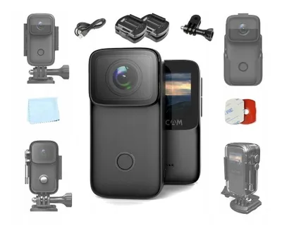 A collage of a sport camera and its accessories.