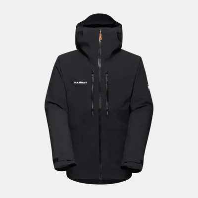 Schwarze Hardshelljacke für Herren von Mammut mit Kapuze und Reißverschlüssen.