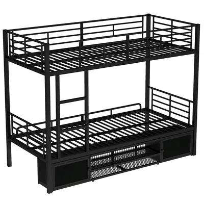 Produktbild von Flieks Etagenbett Metallbett 90x200cm mit Schuhregal und Schrank, Hochbett Kinderbett mit Rausfallschutz und Lattenrost, Einzelbett 2 Kinder, Schwarz