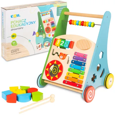Immagine prodotto di COIL carrozzina in legno 3 in 1, giocattolo educativo, giocattolo musicale, girello, labirinto, abaco, cimbali, tamburo, selezionatore di blocchi, da 12 mesi, colorato