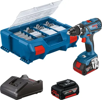 A Bosch cordless drill with accessories, including a bit set, battery, and charger, displayed on a white background.