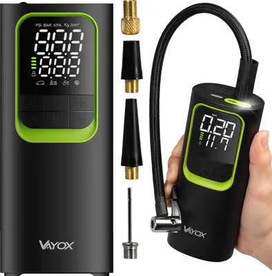 Zdjęcie produktu dla Elektryczna pompa powietrza, akumulatorowa pompa powietrza, przenośny materac powietrzny z akumulatorem 8000 mAh, elektryczna sprężarka powietrza 150PSI, mini kompresor z wyświetlaczem LCD VA0410 Vayox