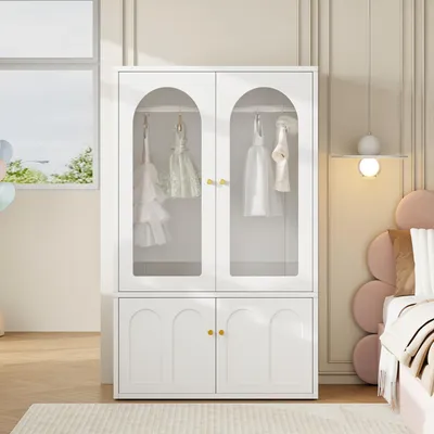 Produktbild von Kinderkleiderschrank mit zwei Türen, Glaseinsätzen und Kleiderstange, Weiß, 80 × 45 × 120 cm