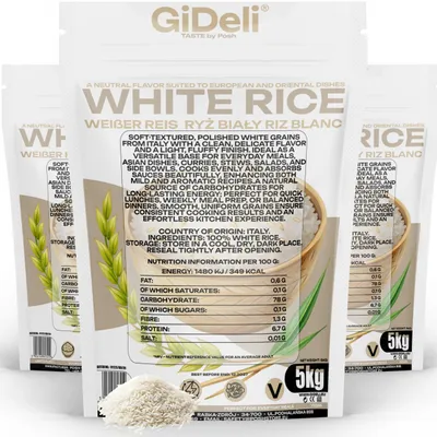 Obrázek produktu pro Bílá dlouhozrnná rýže 15 kg, leštěná, přírodní, vhodná jako příloha, pro vaření. Značka: GiDeli