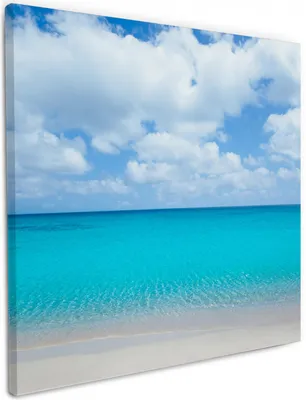 Produktbild von Wallario Premium Leinwandbild Sandstrand und blaues Meer in Größe 50 x 50 cm