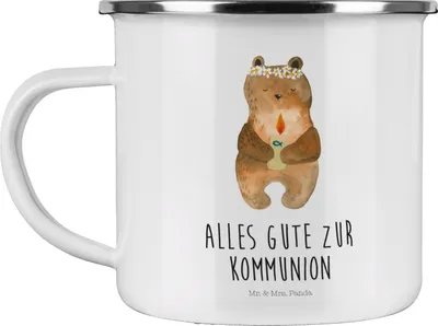 Produktbild von Mr. & Mrs. Panda Teetasse Bär Kommunion - Weiß - Geschenk, Emaille Becher, Katholisch, Tasse, Teebecher, Haferl, Gottes Segen, Teddy, emaillebecher, Taufkerze
