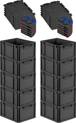 Produktbild von SuperSparSet 10x Eurobox NextGen Grip mit Scharnierdeckel und blauen Schiebeschnappverschlüssen | HxBxT 22x30x40cm | 20 Liter | Schwarz | Griffe geschlossen | Eurobehälter, Transportbox, Transportbehälter, Stapelbehälter