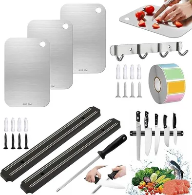 Produktbild von PolkaHome® 3er Set Schneidebretter aus Edelstahl SUS 304, 23,5 x 14,5 cm, mit Wandhalterung, Magnetleisten, Wetzstahl und Etiketten –