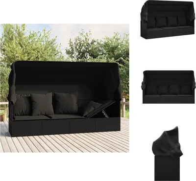 A collage of images showing a black outdoor lounge bed with a canopy and cushions, displayed in different angles and a close-up of the cover.